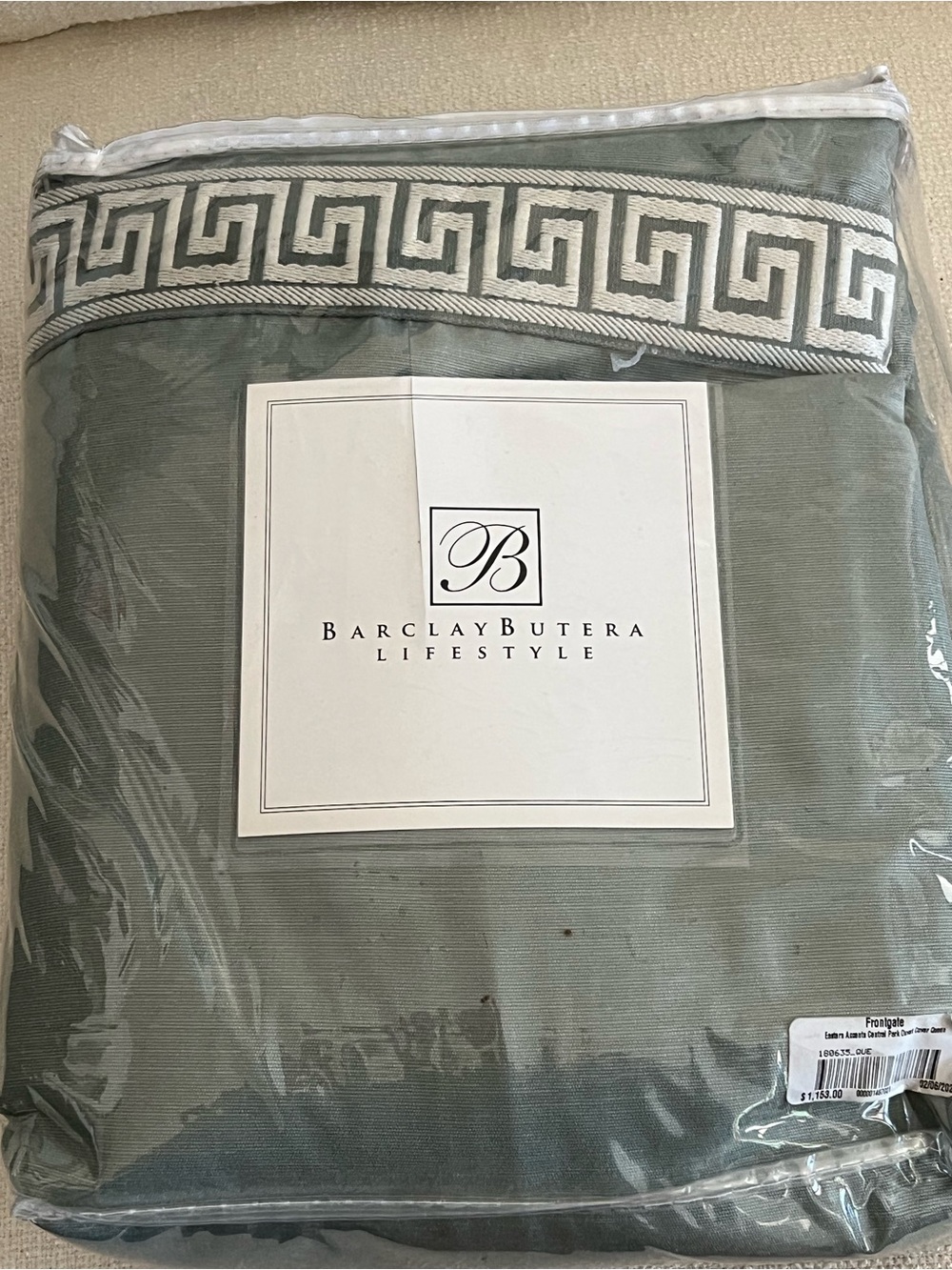 Barclay Butera Sage Green Duvet Cover with Greek Key Trim